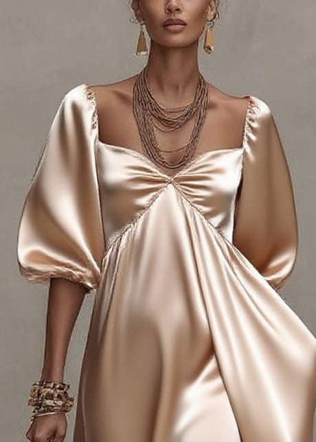 Classy Champagne Square Collar Exra Large Hem Silk Ankle Dress Summer