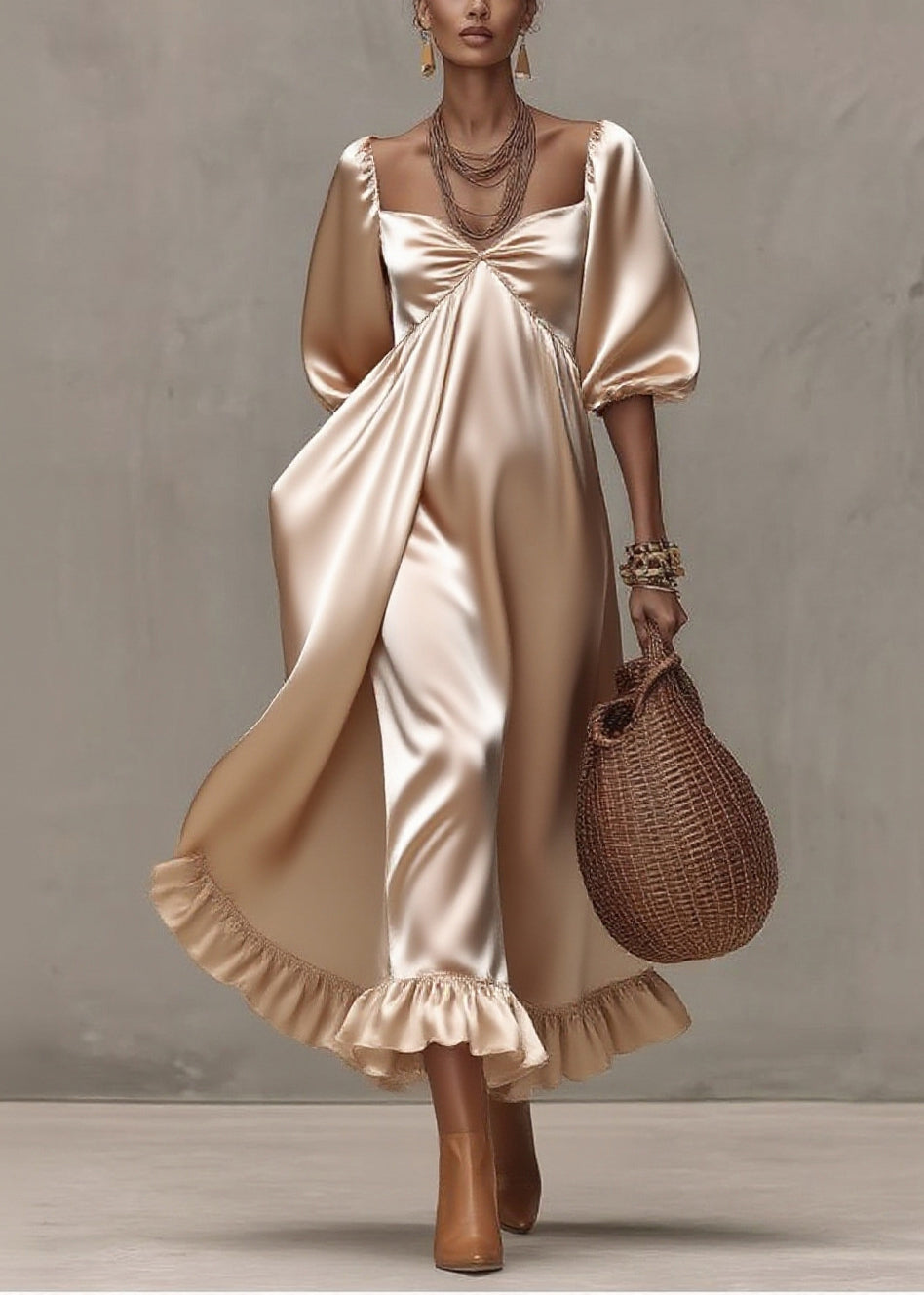 Classy Champagne Square Collar Exra Large Hem Silk Ankle Dress Summer