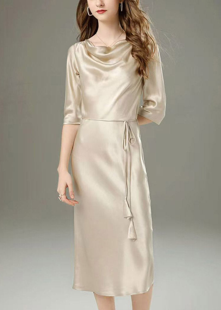 Classy Champagne Tie Waist Solid Maxi Dress Half Sleeve