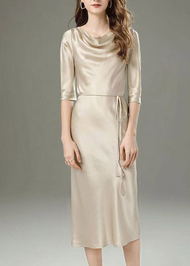 Classy Champagne Tie Waist Solid Maxi Dress Half Sleeve