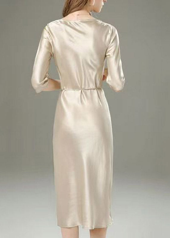 Classy Champagne Tie Waist Solid Maxi Dress Half Sleeve