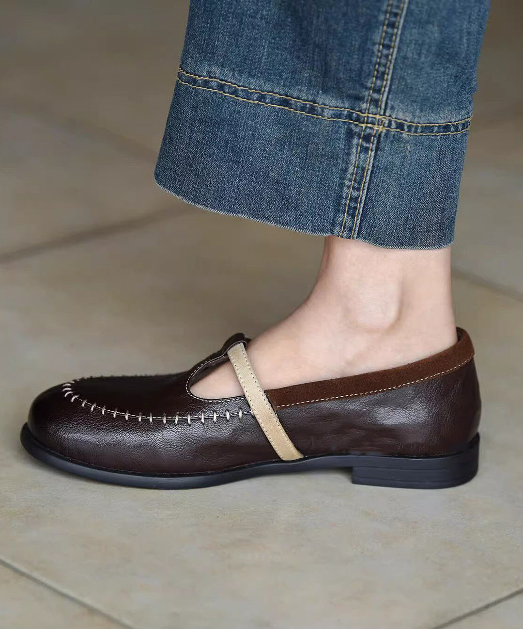 Classy Chocolate Splicing Sheepskin Loafers Women