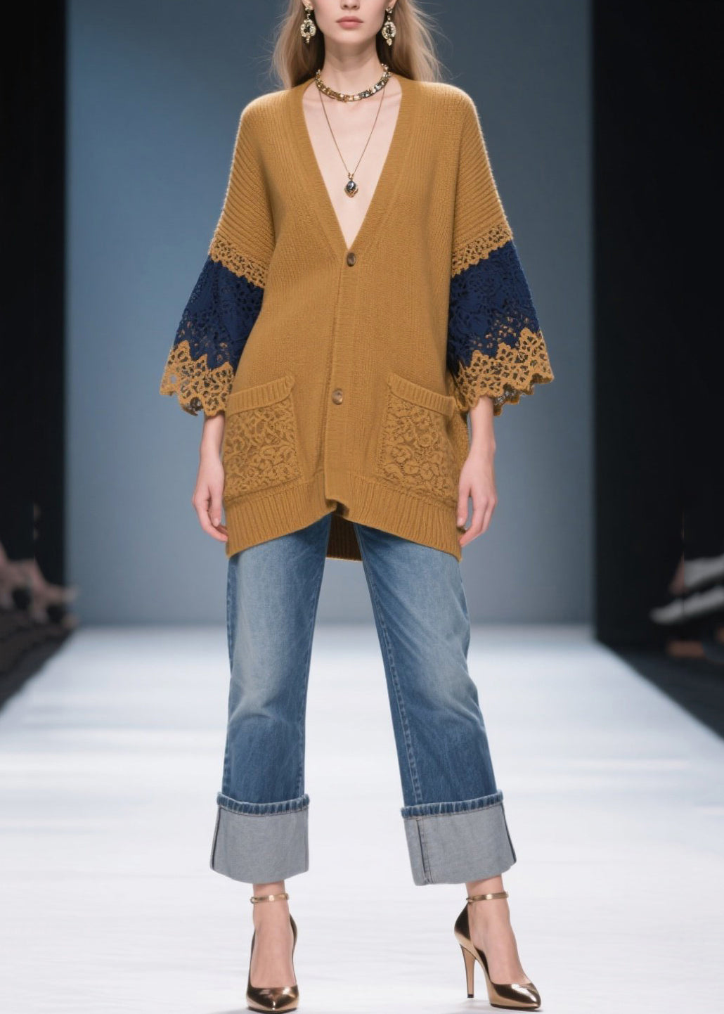 Classy Coffee Oversized Patchwork Lace Knit Coats Fall