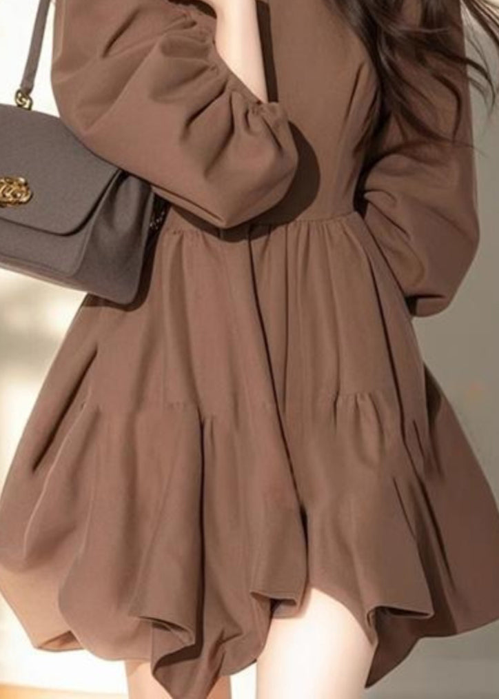Classy Coffee Peter Pan Collar Patchwork Button Mid Dress Half Sleeve