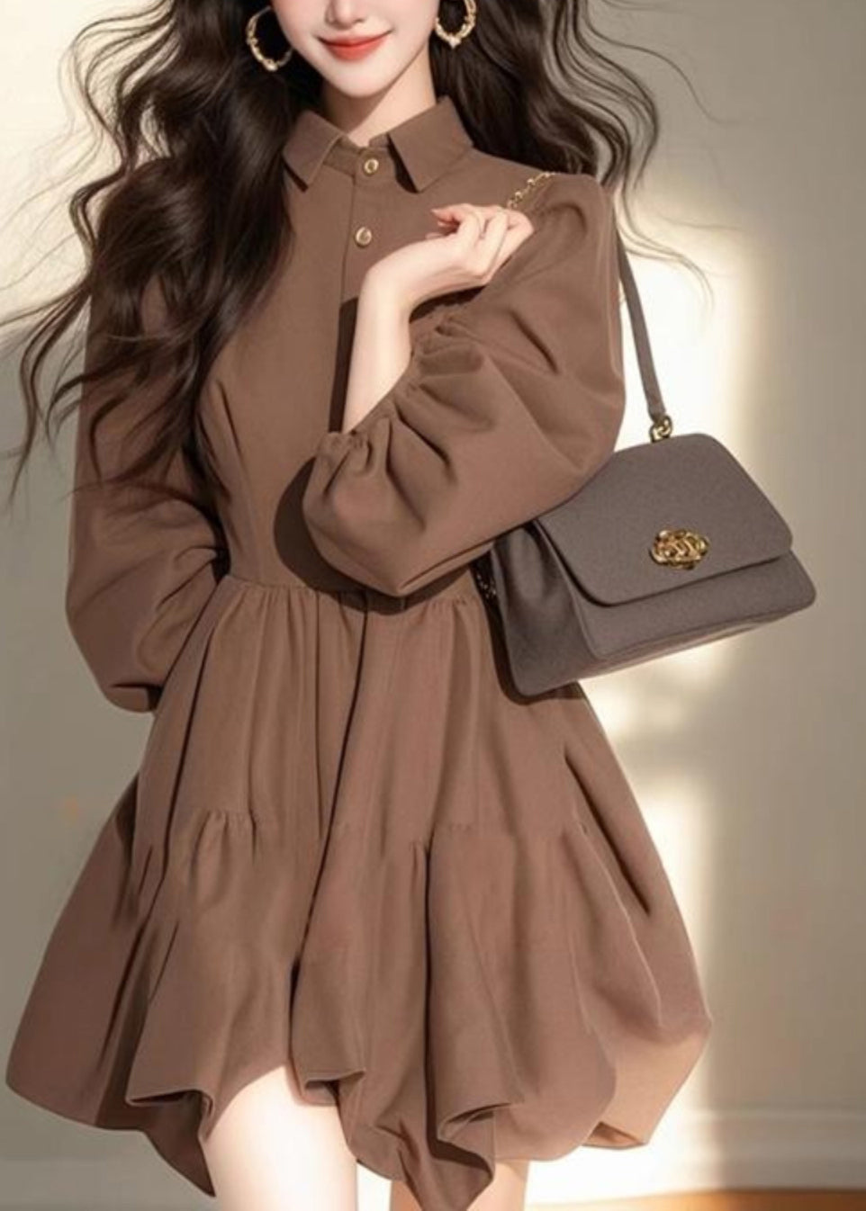 Classy Coffee Peter Pan Collar Patchwork Button Mid Dress Half Sleeve
