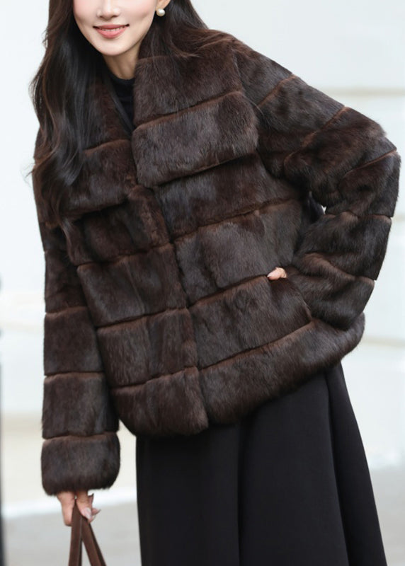 Classy Coffee Peter Pan Collar Plaid Leather And Fur Coat Winter