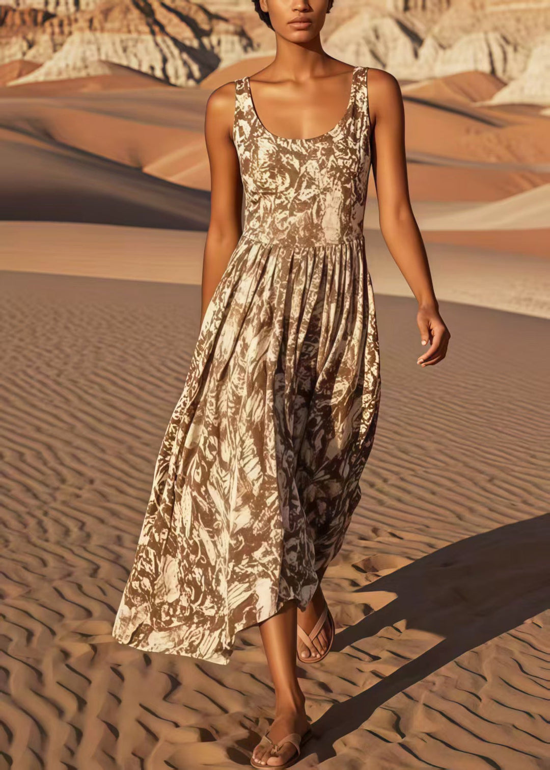 Classy Coffee Print Cotton Sundress Summer