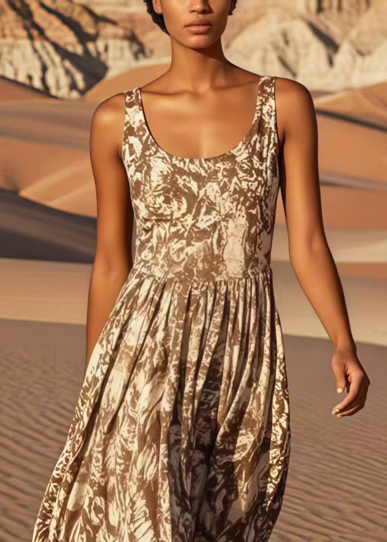 Classy Coffee Print Cotton Sundress Summer