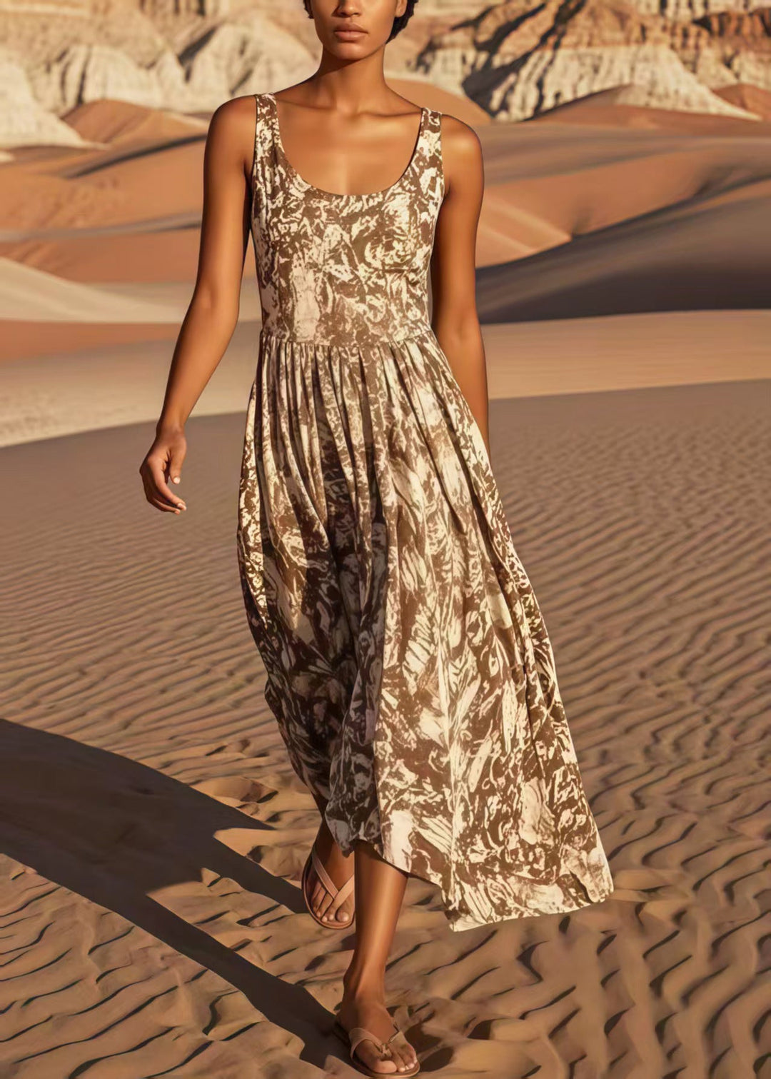 Classy Coffee Print Cotton Sundress Summer