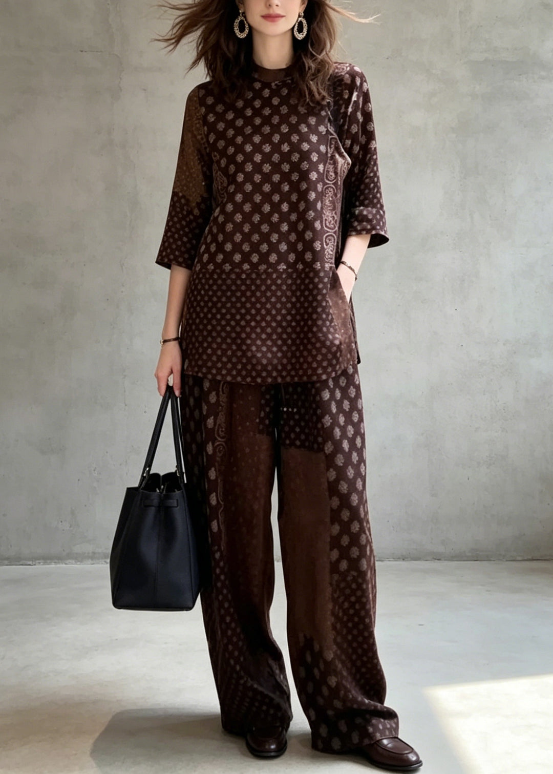 Classy Coffee Print Top And Pants Silk Two Pieces Set Summer