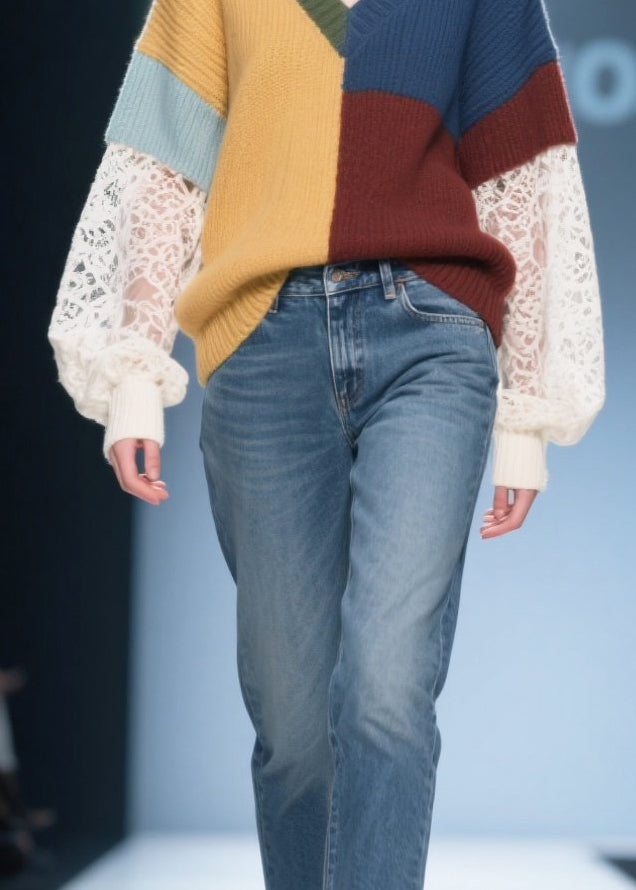 Classy Colorblock Asymmetrical Patchwork Lace Cozy Sweaters Fall