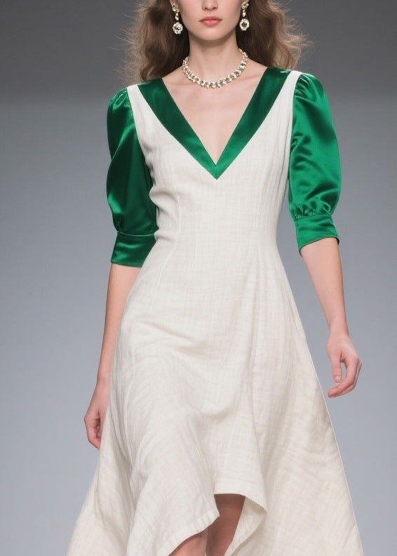 Classy Colorblock Asymmetrical Patchwork Linen Silk Dress Summer