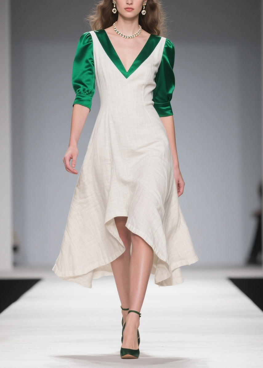 Classy Colorblock Asymmetrical Patchwork Linen Silk Dress Summer