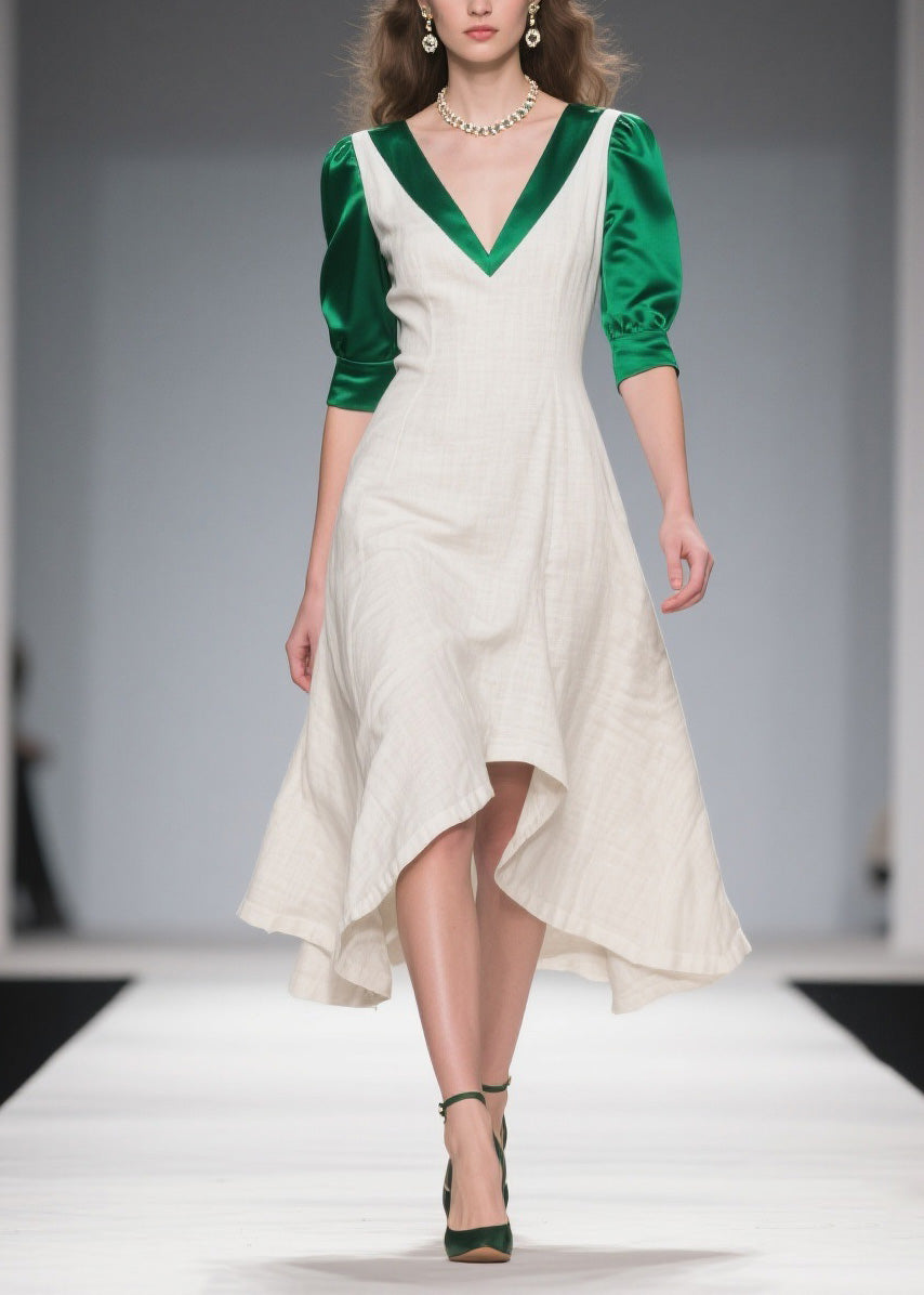 Classy Colorblock Asymmetrical Patchwork Linen Silk Dress Summer