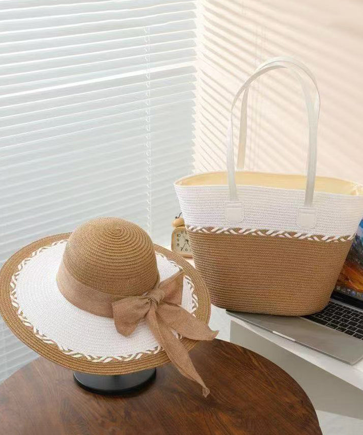 Classy Colorblock Bow Solid Durable Straw Woven Floppy Sun Hat And Shoulder Handbag Two Pieces Set