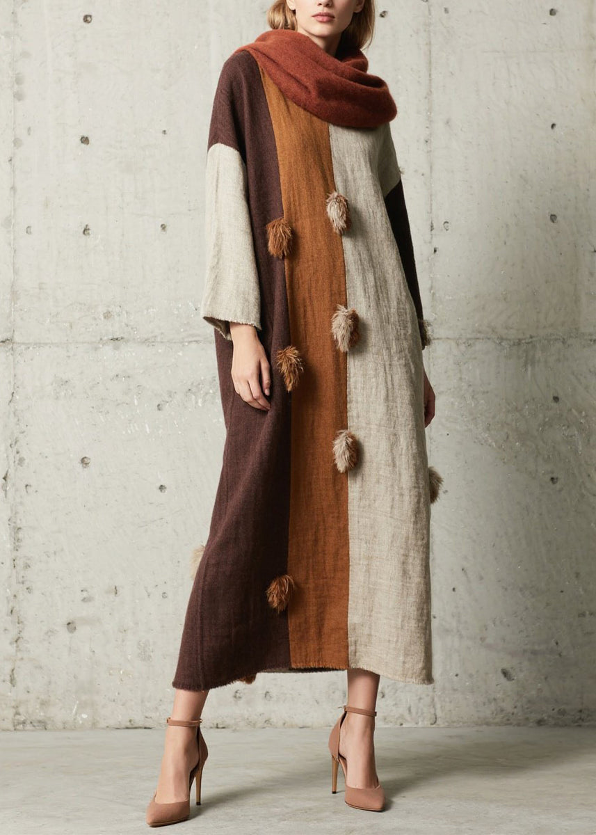 Classy Colorblock Oversized Patchwork Fuzzy Ball Decorated Dress Fall ...
