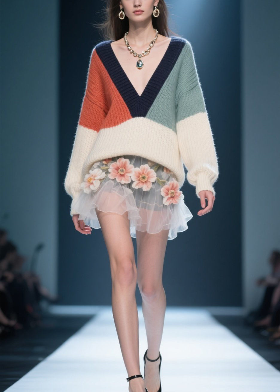 Classy Colorblock V Neck Knit Sweater Tops Winter