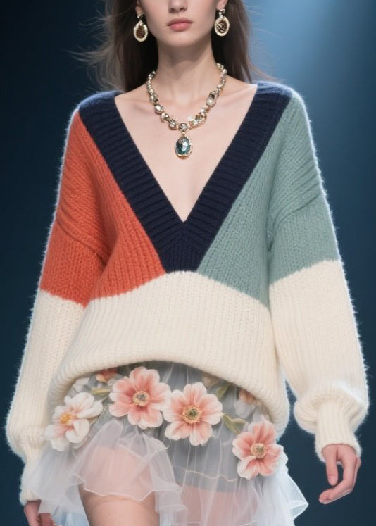 Classy Colorblock V Neck Knit Sweater Tops Winter
