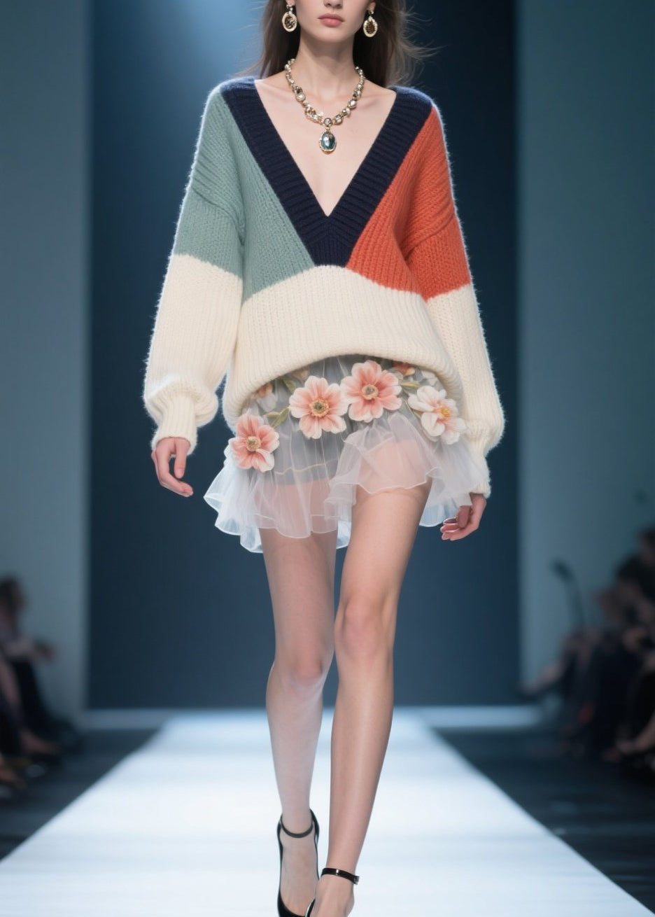 Classy Colorblock V Neck Knit Sweater Tops Winter
