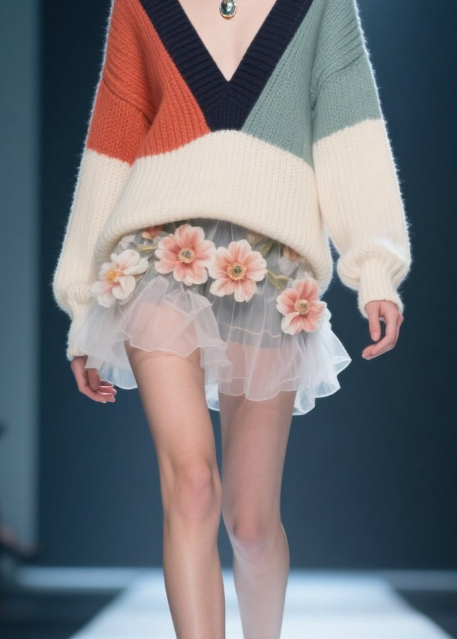 Classy Colorblock V Neck Knit Sweater Tops Winter