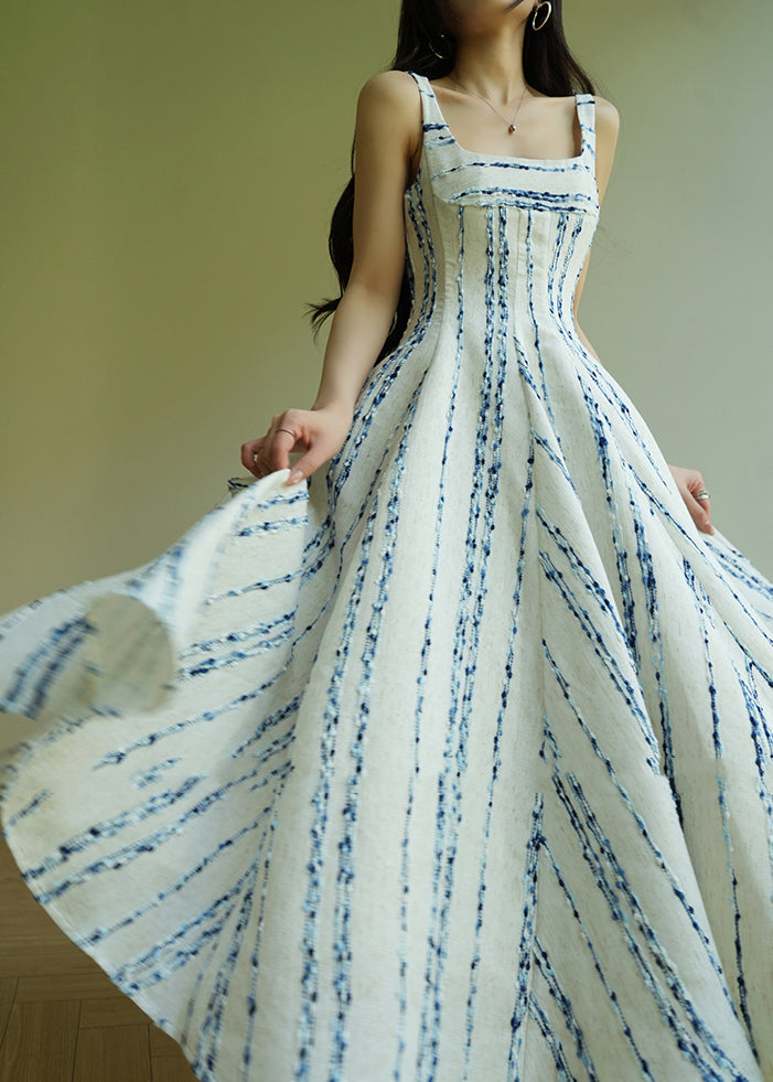 Classy Cyan Striped Patchwork Slim Long Spaghetti Strap Dress Sleeveless
