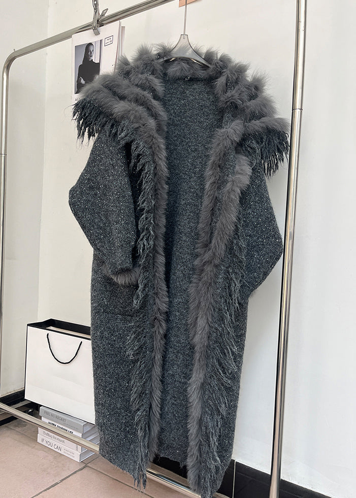 Classy Dark Gray Sequins Pockets Cozy Patchwork Woolen Coat