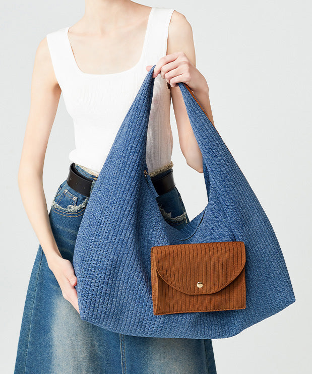 Classy Denim Blue Large Capacity Patchwork Pocket Cotton Shoulder Bags
