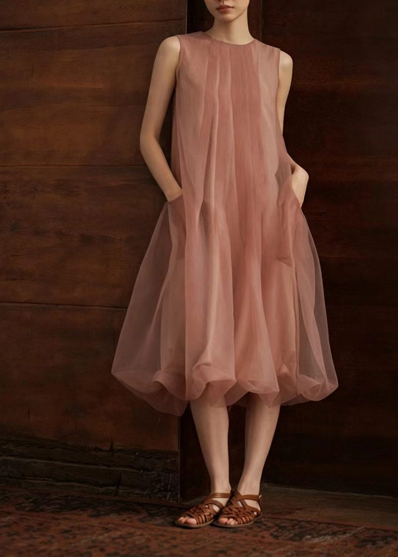 Classy Dusty Pink O-Neck Wrinkled Vacation Dresses Sleeveless
