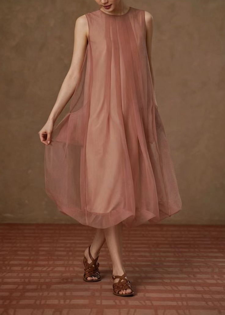 Classy Dusty Pink O-Neck Wrinkled Vacation Dresses Sleeveless