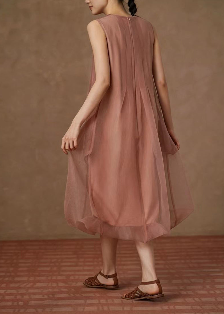 Classy Dusty Pink O-Neck Wrinkled Vacation Dresses Sleeveless