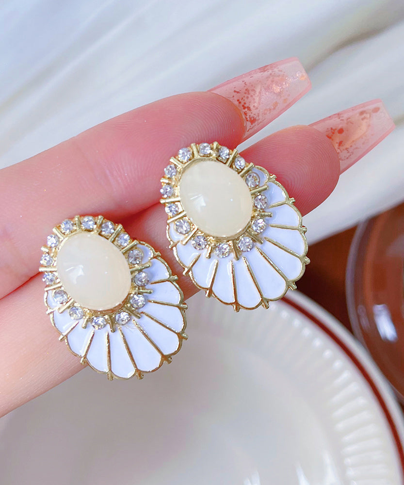 Classy Fashion White Copper Alloy Zircon Pearl Fan-Shaped Stud Earrings