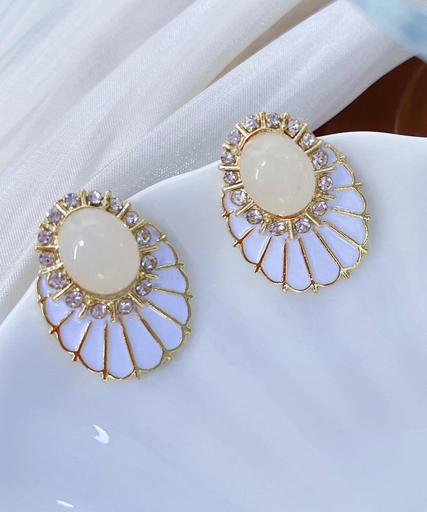 Classy Fashion White Copper Alloy Zircon Pearl Fan-Shaped Stud Earrings
