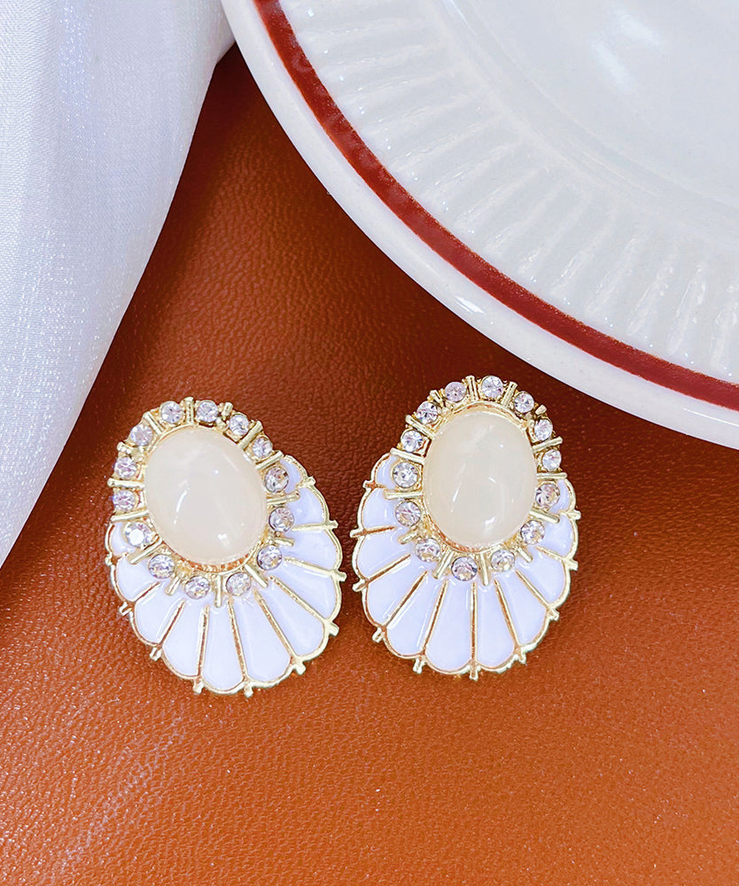Classy Fashion White Copper Alloy Zircon Pearl Fan-Shaped Stud Earrings