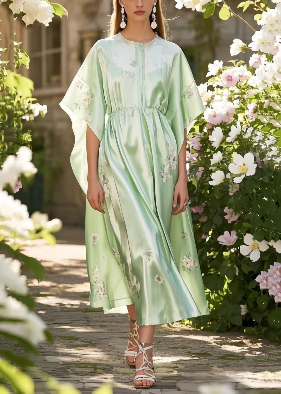 Classy Fruit Green Print Silk Holiday Dress Batwing Sleeve