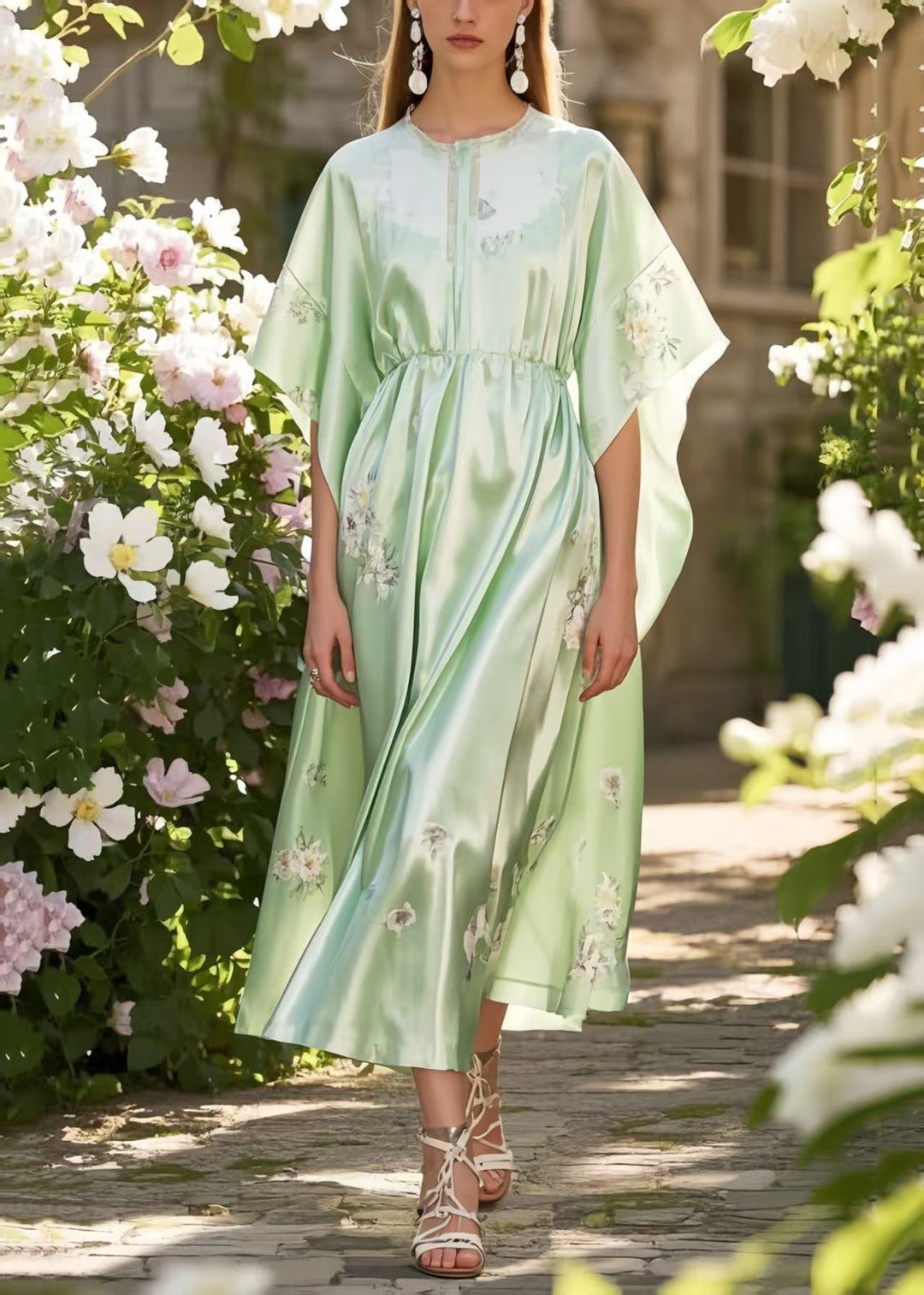 Classy Fruit Green Print Silk Holiday Dress Batwing Sleeve