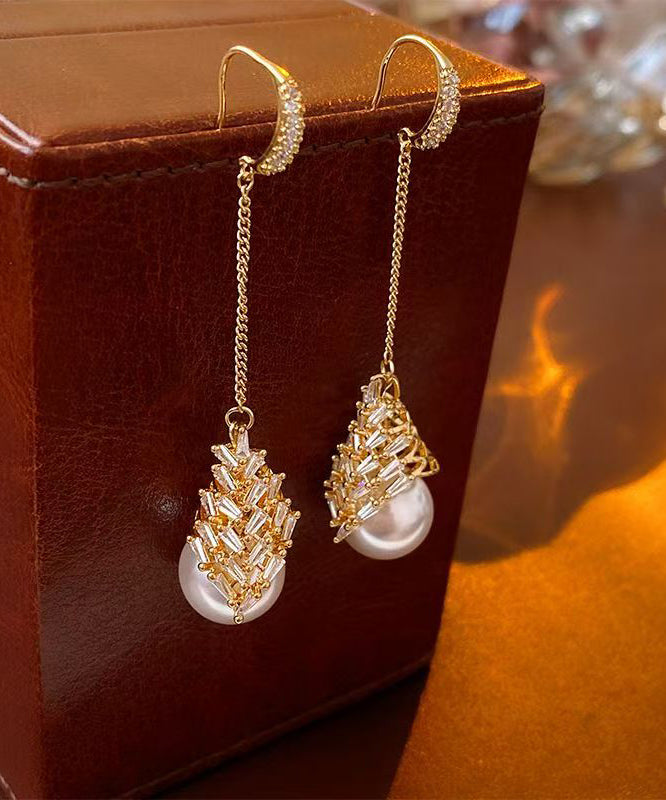 Classy Gold Copper Alloy Zircon Pearl Tassel Drop Earrings