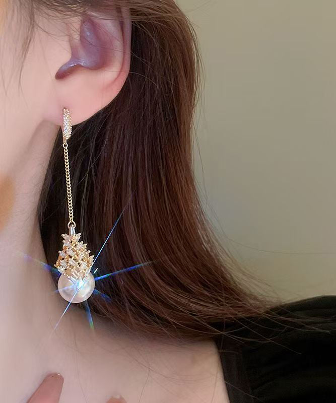 Classy Gold Copper Alloy Zircon Pearl Tassel Drop Earrings