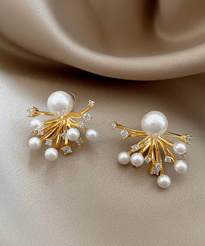 Classy Gold Copper Overgild Zircon Pearl Fireworks Stud Earrings