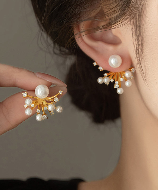 Classy Gold Copper Overgild Zircon Pearl Fireworks Stud Earrings