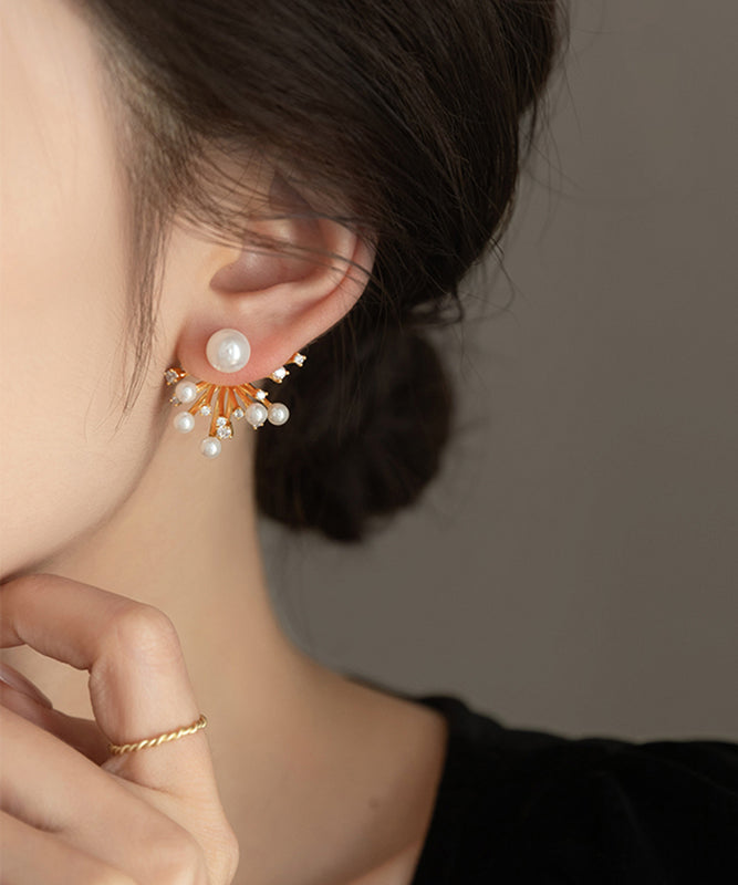 Classy Gold Copper Overgild Zircon Pearl Fireworks Stud Earrings