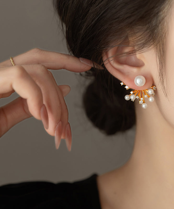 Classy Gold Copper Overgild Zircon Pearl Fireworks Stud Earrings