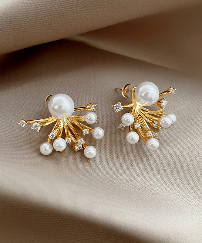 Classy Gold Copper Overgild Zircon Pearl Fireworks Stud Earrings