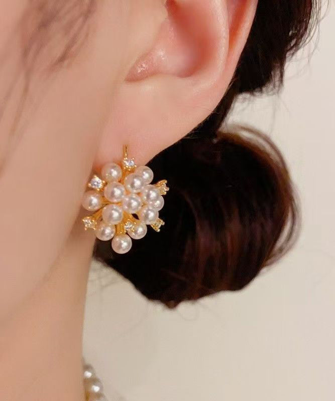 Classy Gold Copper Overgild Zircon PearlHoop Earrings - Omychic