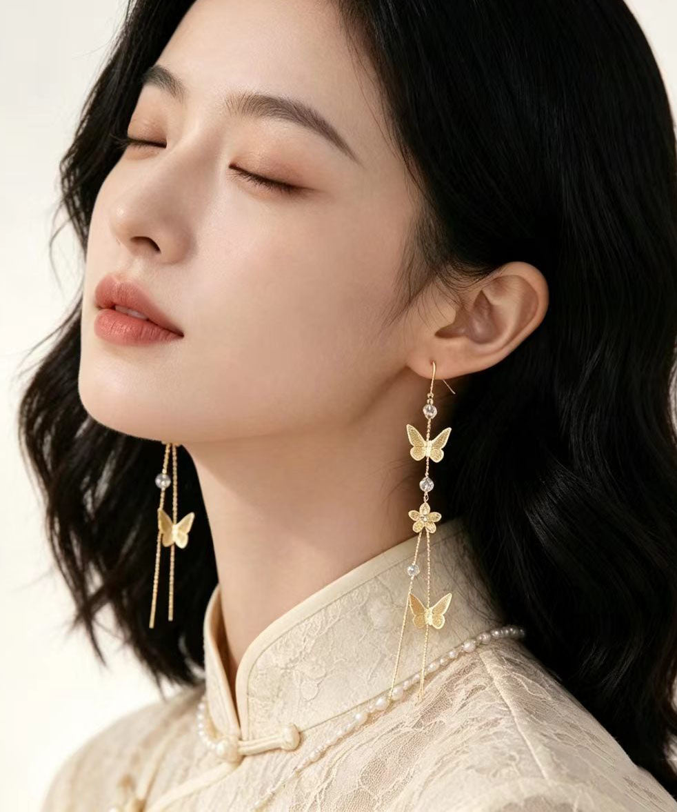 Classy Golden Butterfly Tassel Metal Long Drop Earrings