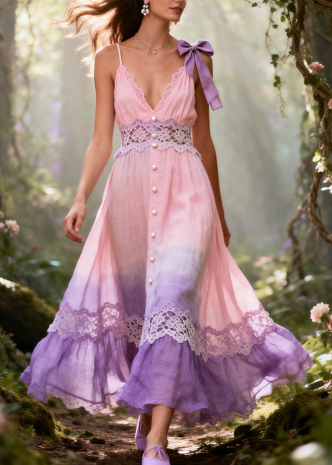 Classy Gradient Color Lace Patchwork Fine Pearl Cotton Cami Dresses Summer