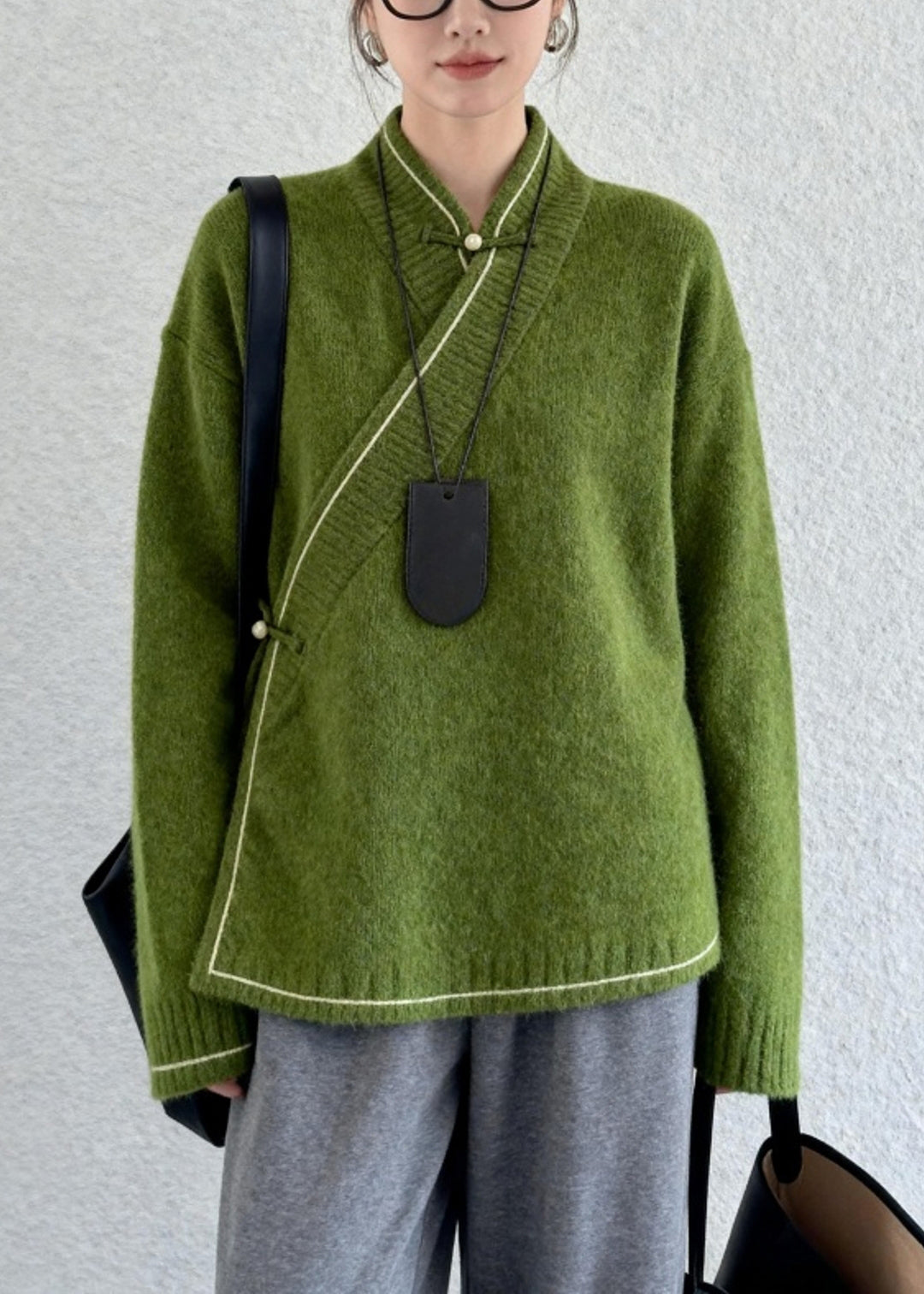 Classy Grass Green Stand Collar Chinese Button Knitted Tops Winter