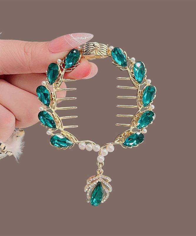 Classy Green Alloy Crystal Zircon Pearl Tassel Hairpin