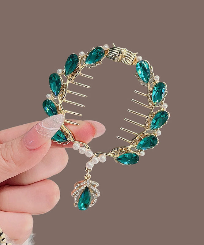 Classy Green Alloy Crystal Zircon Pearl Tassel Hairpin