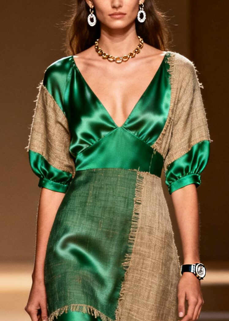 Classy Green Asymmetrical Patchwork Linen Silk Long Dress Summer