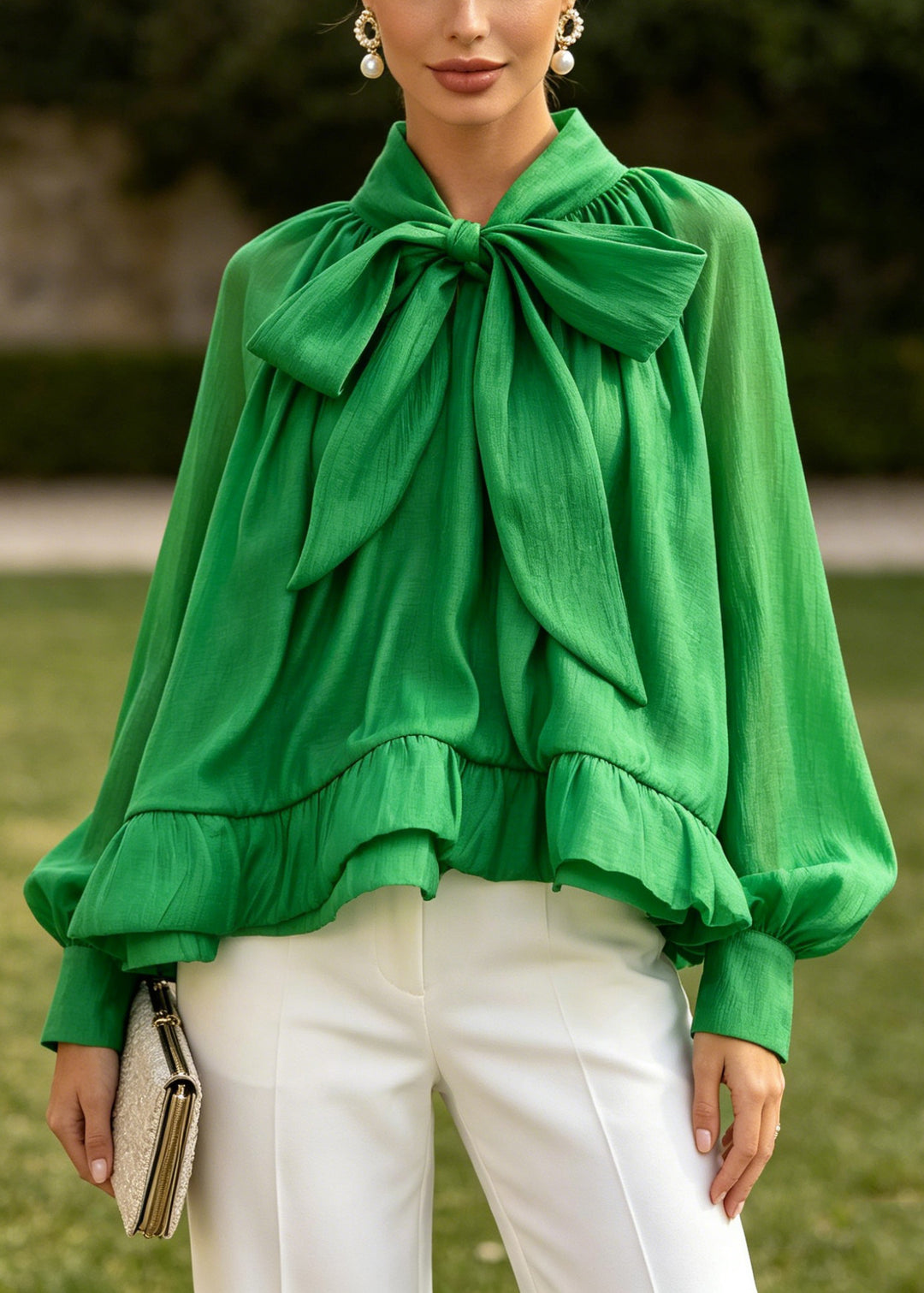 Classy Green Bow Puff Sleeve Plus Size Chiffon Shirt Top